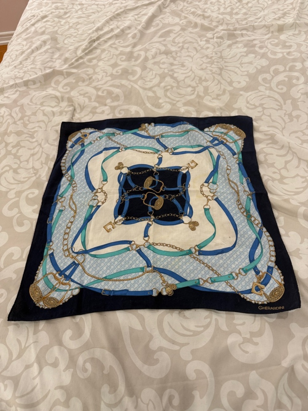 Blue & Ivory Silk Scarf - Chain Print Wrap